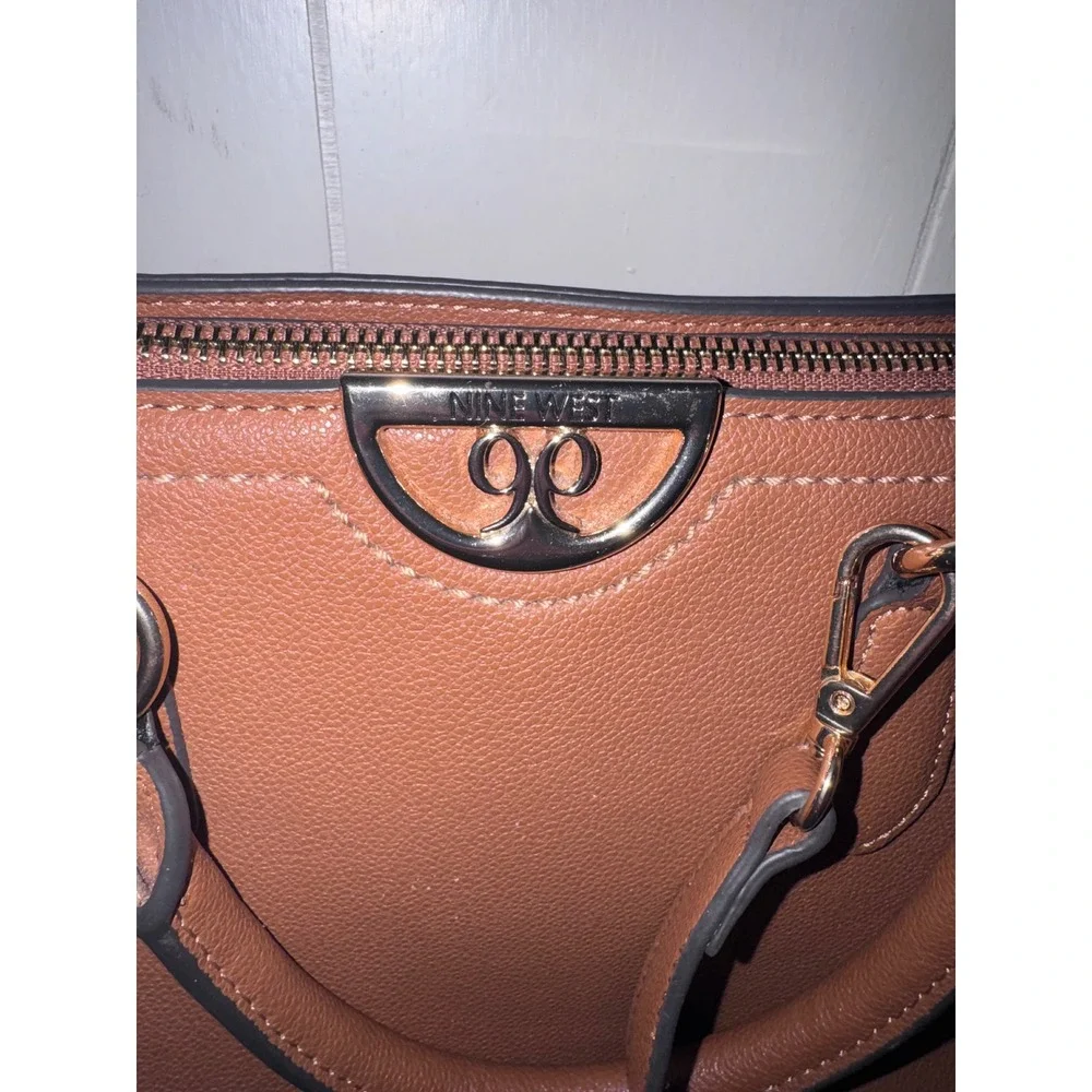 Nine West Cognac Brown Faux Leather Suede Trim Satchel Crossbody Handbag